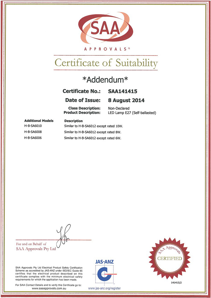 saa certificate of 6-10W LED bulbs